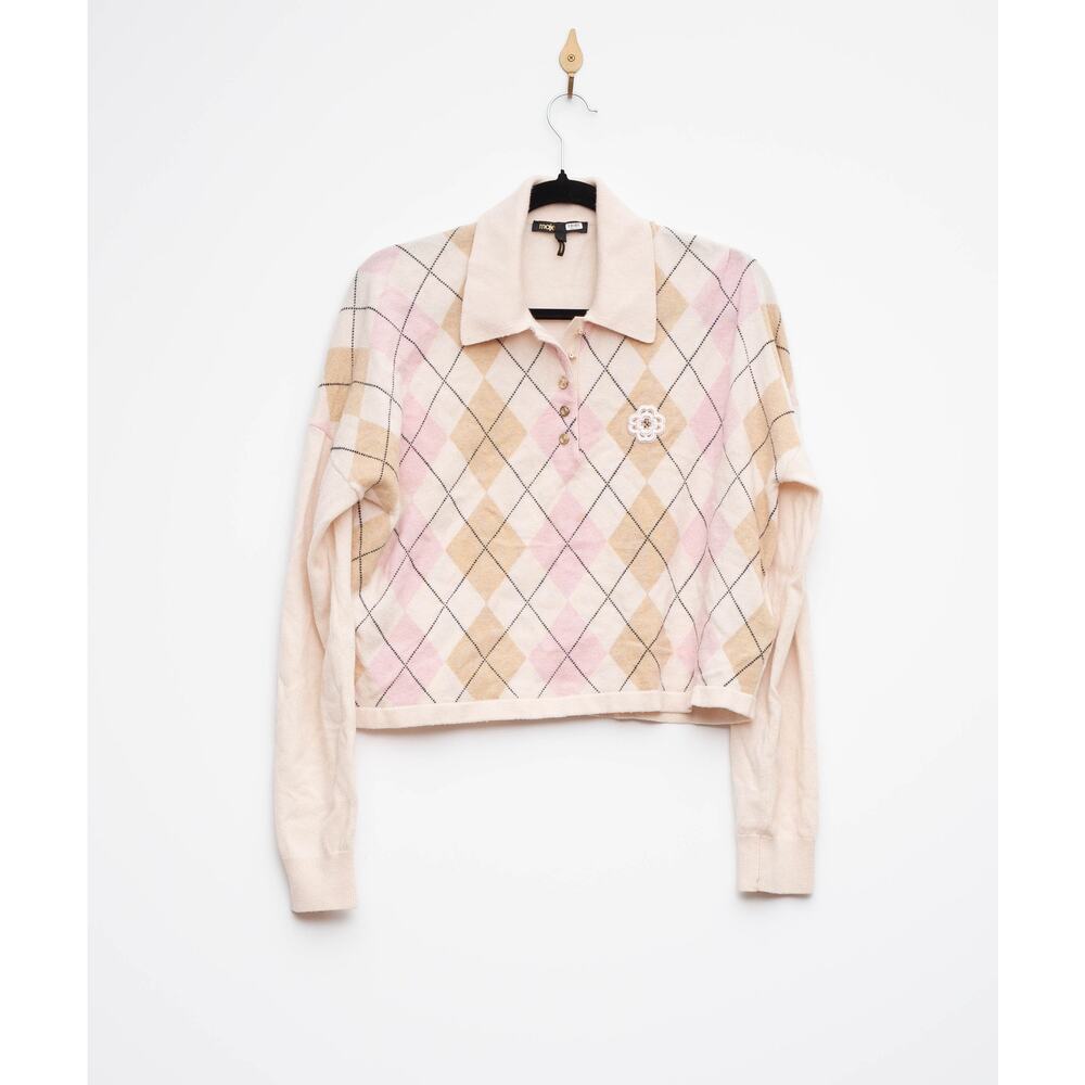 Maje Beige & Pink Argyle Knit Wool Sweater - Picture 5 of 9